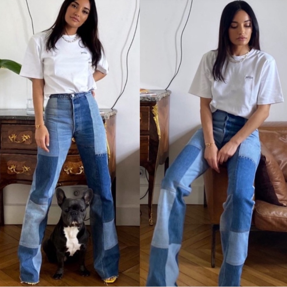 NWT Re/Done X Levi’s Amina Muaddi Patchwork Jean Indigo Size 26 - Picture 7 of 16